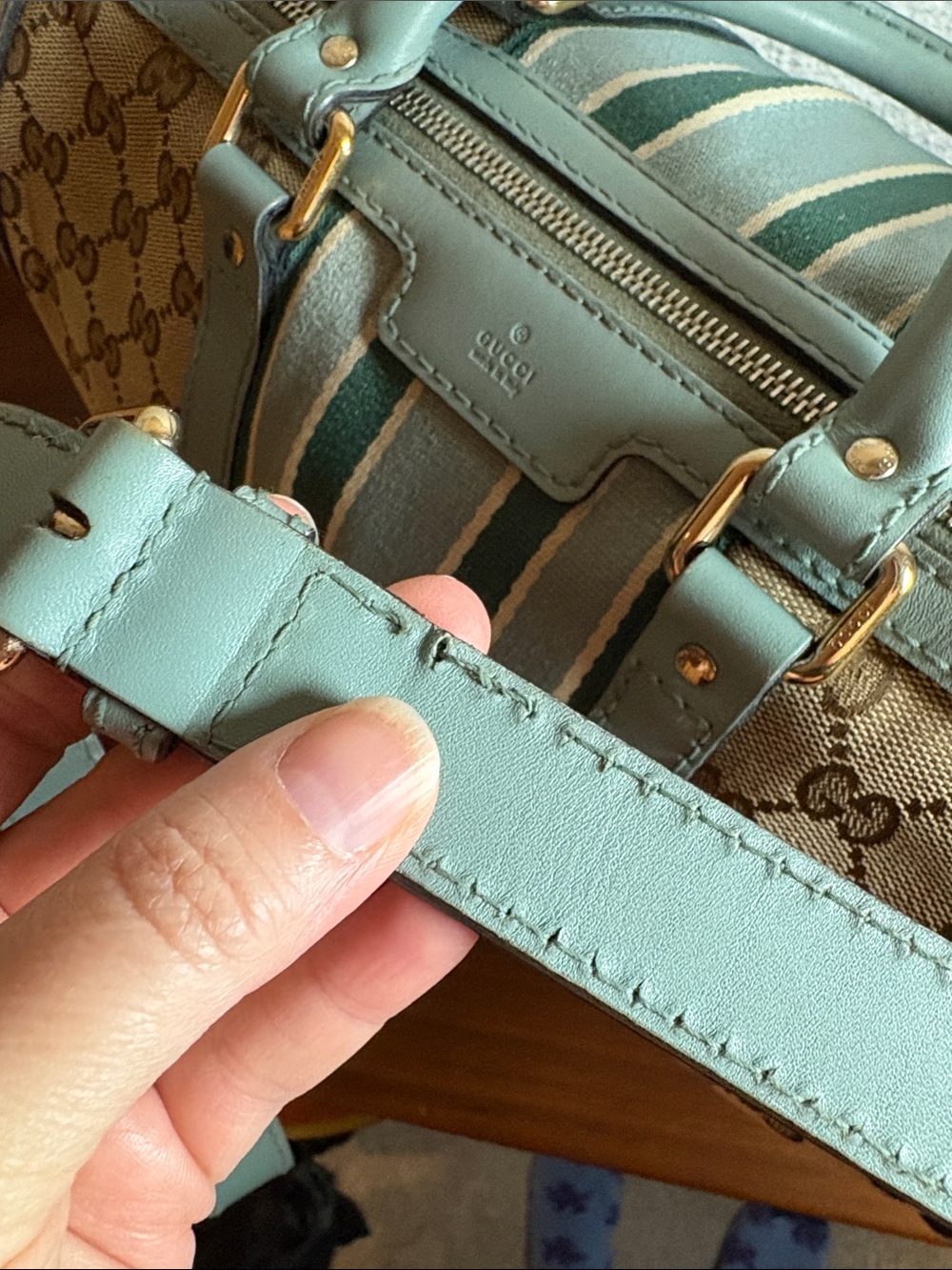 Gucci GG Canvas Boston Bag with Blue Green Stripes - Authentic Vintage COA - Picture 7 of 16